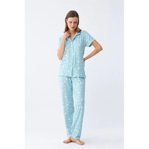 Kadın Buz Mavisi Yıldız Desenli Önden Düğmeli Pijama Takımı