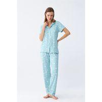 Kadın Buz Mavisi Yıldız Desenli Önden Düğmeli Pijama Takımı