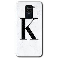 MRCİLETİSİM Xiaomi Redmi Note 9 Kılıf Baskılı Kapak - Beyaz Mermer Desenli K Harfi + 5D Tam Kaplayan Cam