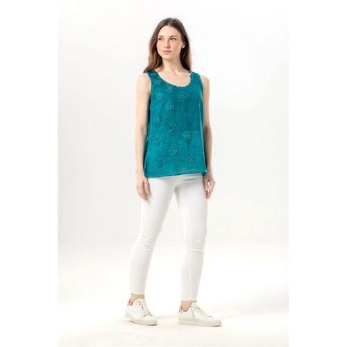 Kolsuz Devin Papatya Desenli Yazlık Poplin Bluz Nil Yeşili Nlysl
