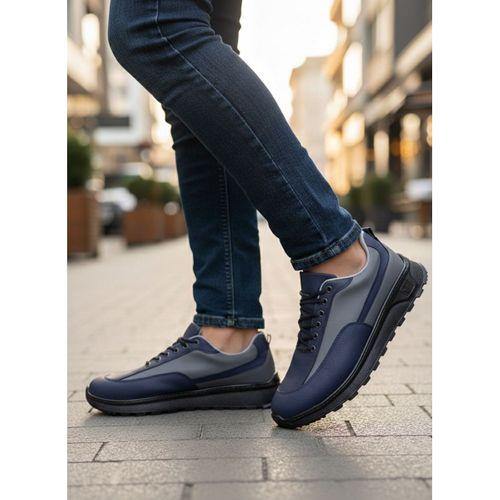 BA0246 Lacivert Gri Parçalı Bağcıklı Yüksek Taban Günlük Erkek Ayakkabı