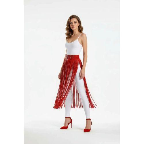 Kırmızı Etek Püsküllü Suni Deri Etek Yüksek Bel Etek - Brf1090