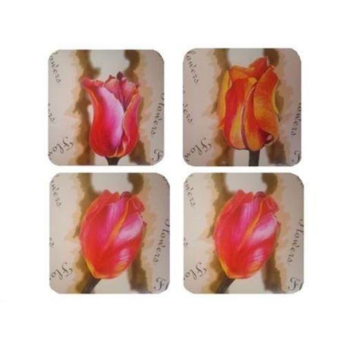 Ahşap Bardak Altlığı 4 Adet Çiçek Desen 9X9Cm