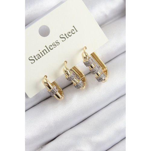 316L Çelik Zirkon Taşlı Dikdörtgen Model Gold Renk 3'lü Set Kadın Küpe