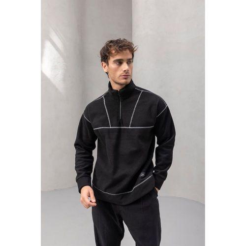 Crowe Çizgi Şeritli Oversize Yarım Fermuar Polar Erkek Sweatshirt - Siyah