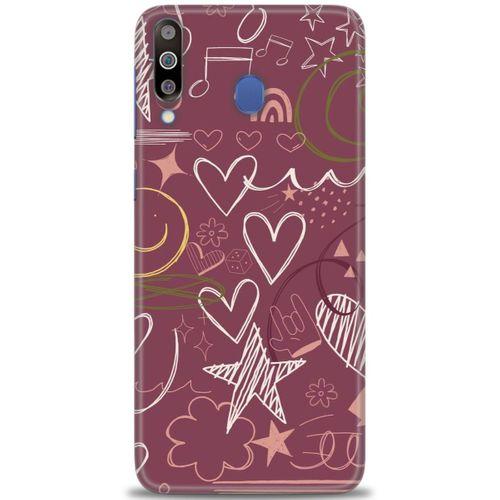 Samsung Galaxy M30 Kılıf HD Baskılı Kılıf - Notalar ve Kalpler Bordo + Tam Ekran Koruyucu