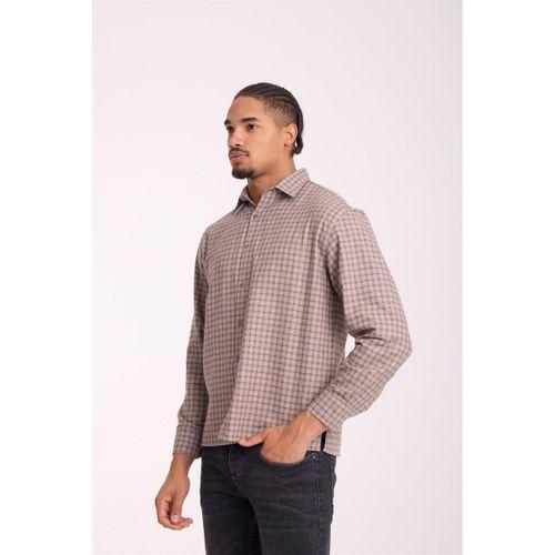 Alfonso Ekose Büyük Kareli Relaxed Fit %100 Pamuklu Flanel Kumaş Erkek Gömlek - Bej