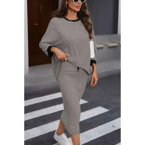 Kadın Uzun Kollu Yakası Açık şardonlu Kaşkorse Bluz Ve Eteği Bağcıklı Ikili Takım