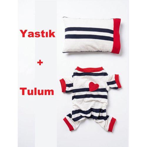 Mon Amour Çizgili Kedi Uyku Seti | Penye Kedi Tulum ve Mini Yastık Takımı | Pamuklu | Tüy Dökülmesini Azaltır |