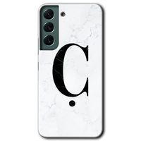 Samsung Galaxy S22 Kılıf HD Desen Baskılı Arka Kapak + Temperli Cam - Beyaz Mermer Desenli Ç Harfi