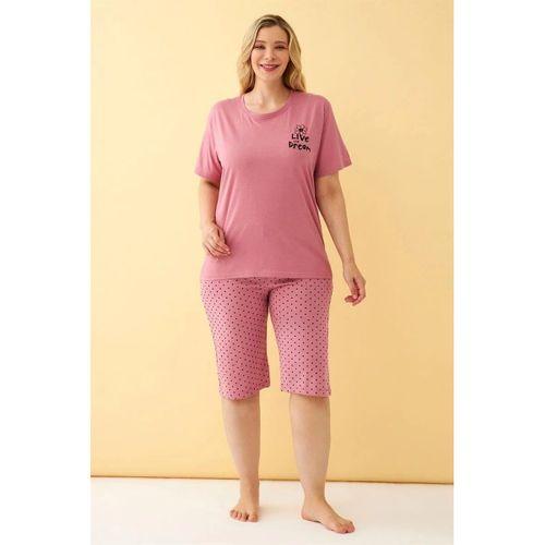 Kadın Somon “live The Dream” Yazılı Büyük Beden Kapri Pijama Takımı