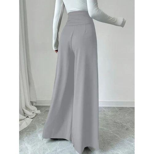 Kadın Yüksek Bel Düğmeli Geniş Paçalı Ithal Krep Pantolon