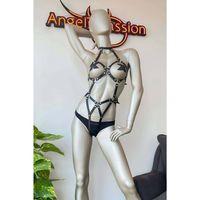 Siyah Deri Fantazi Dansçı Harness Kostüm