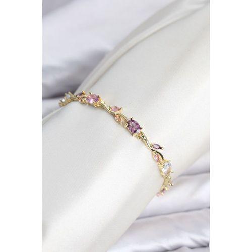 Pirinç Gold Renk Pembe ve Mor Zirkon Taşlı Çiçek Model Kadın Bileklik