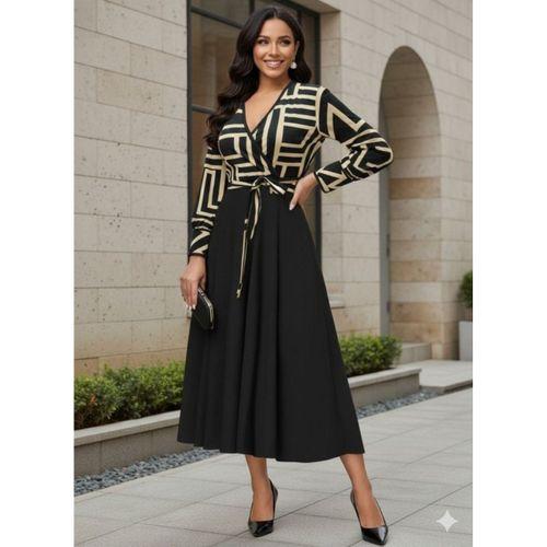 Kadın Uzun Kollu Kruvaze Yaka Dalgıç Krep Midi Boy Elbise