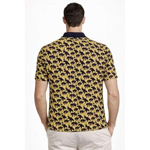 Erkek Pike Kumaş Polo Yaka Palmiye Desenli Tişört Kısa Kol Yazlık T-Shirt - Sarı