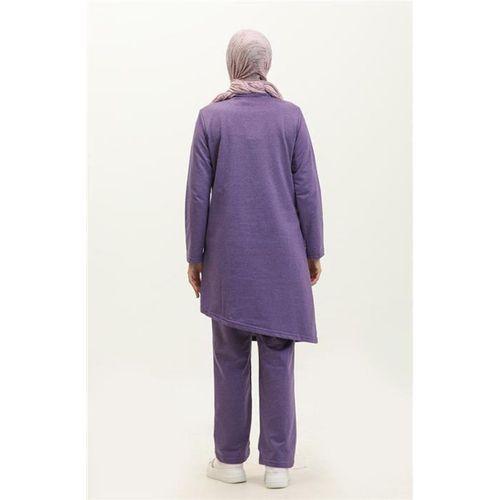 Kruvaze Bisiklet Yaka Sade Basic Tunik Panolon İkili Takım - 03076.207 - Koyu Lila
