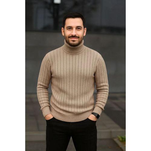 Erkek Fitilli Triko Kazak 2li Set Bej Siyah Regular Balıkcı Yaka Tam Boğazlı Triko Seti Modeli Kazak