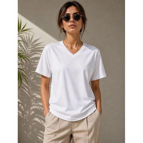 V Yaka Basic Tişört Kısa Kol Yazlık Regular Fit T-Shirt - Beyaz