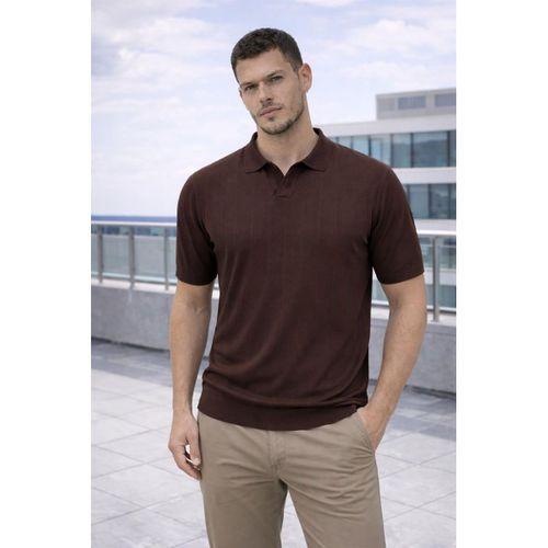 Çizgili V Yaka İnce Triko Oversize Relaxed Fit Polo Yaka Erkek T-Shirt - Kahve