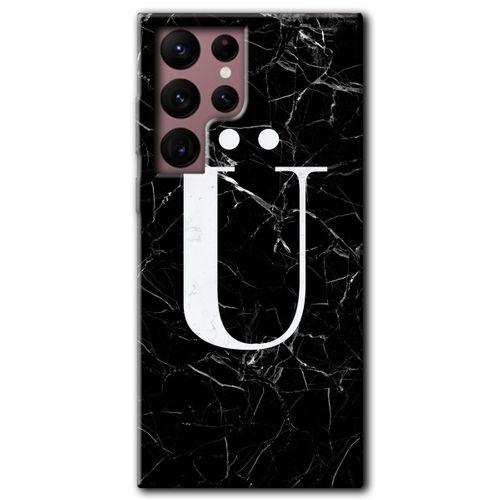 MRCİLETİSİM Samsung Galaxy S22 Ultra Kılıf HD Desen Baskılı Arka Kapak + Temperli Cam - Siyah Mermer Desenli Ü Harfi