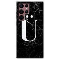 MRCİLETİSİM Samsung Galaxy S22 Ultra Kılıf HD Desen Baskılı Arka Kapak + Temperli Cam - Siyah Mermer Desenli Ü Harfi