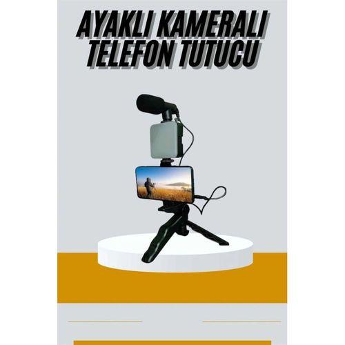 Tripod Telefon Tutucu Kumandalı Mikrofon Led Işık Vlog Video Kayıt