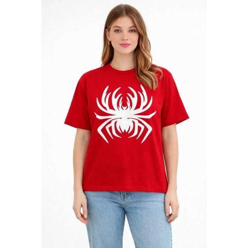 Örümcek Baskılı Tişört Kısa Kollu Bisiklet Yaka T-Shirt - Kırmızı