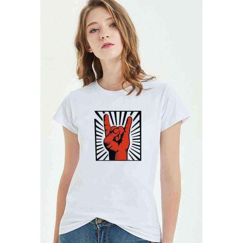 Rock'n Roll El Işareti Baskılı Beyaz Kadın Tshirt