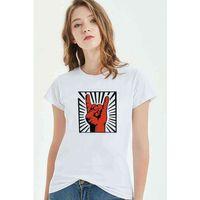 Rock'n Roll El Işareti Baskılı Beyaz Kadın Tshirt