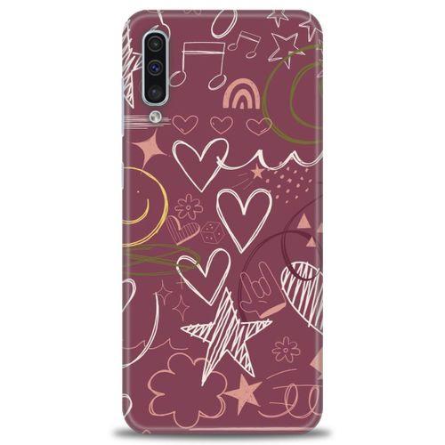 Samsung Galaxy A50S Kılıf HD Baskılı Kılıf - Notalar ve Kalpler Bordo + Tam Ekran Koruyucu