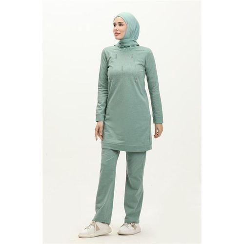 Taşlı Çizgi Desenli Bisiklet Yaka Uzun Tunik Sade Basic Eşofman Spor Takımı - 03048.100 - Çağla Yeşili