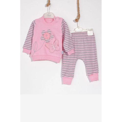 Kelebekli Çiçek Nakışlı Pamuklu 2'li Kız Bebek Takımı