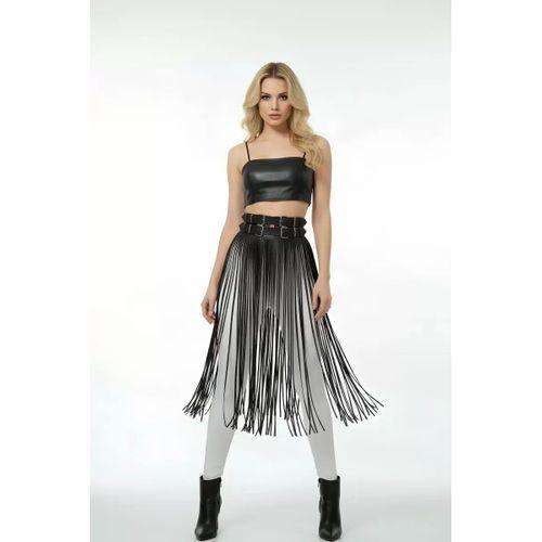 Siyah Etek Deri Yüksek Bel Etek Çift Tokalı Uzun - Brf1090