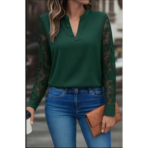 Kadın Uzun Kollu Yaka Düğme Detay Güpürlü Kol Krep Bluz