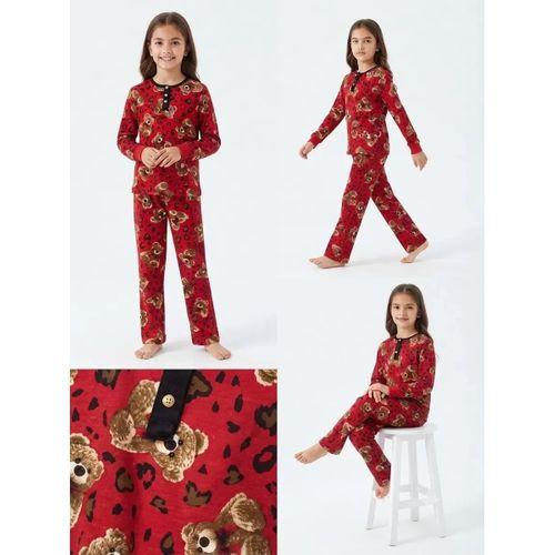 6/14 Yaş Ayıcık Baskılı Pamuk Penye Çocuk Pijama Takımı