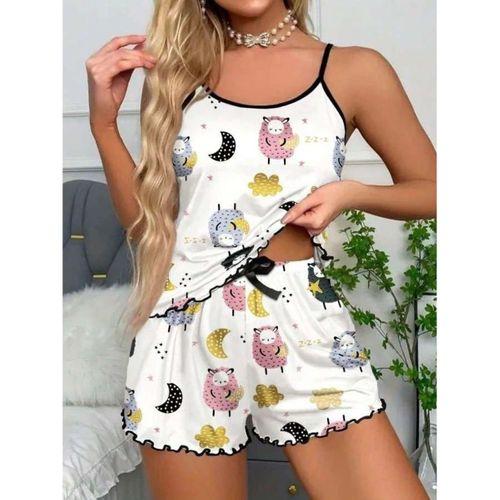 Beyaz Üstüne Desenli İnce Askılı Şortlu Pijama Takımı