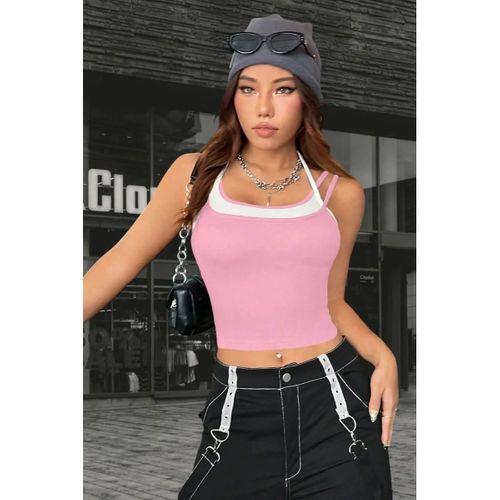 Kadın Pembe Beyaz Çift Renk Çapraz Askılı Crop Top Bluz Şık Esnek