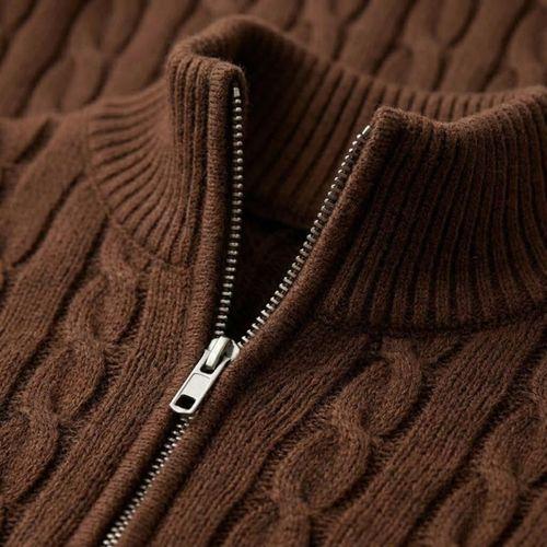Bardem Saç Örgülü Yarım Fermuar Erkek Triko Kazak - Kahve