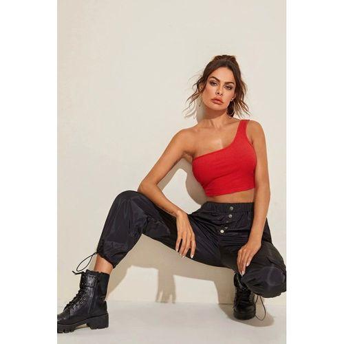 Kadın Kırmızı Fit Görünümlü Tek Omuz Crop Top Büstiyer