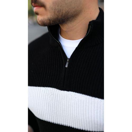 Erkek Şerit Renk Desenli Zip Yaka Kazak