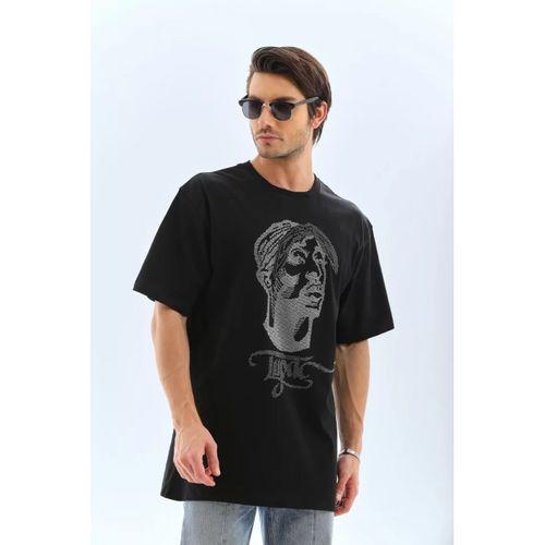 Unisex Oversize Taşlı Bisiklet Yaka T-Shirt - Siyah