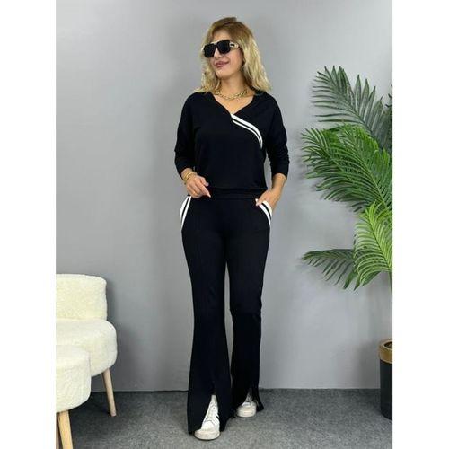 Kadın Uzun Kollu V Yakalı şerit Detaylı Viskon Iki Iplik Bluz Ve Pantolon Ikili Takım