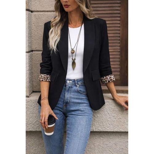 Kadın Uzun Kollu Yakalı önü Açık Leopar Desen Detaylı Astarlı Atlas Ceket