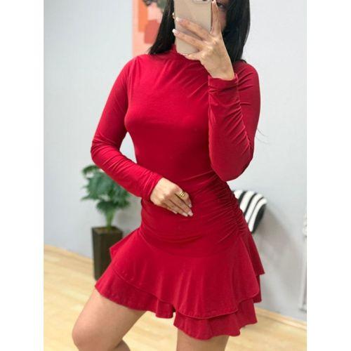 Kadın Uzun Kollu Balıkçı Yaka Mini Fırfırlı Sandy Elbise