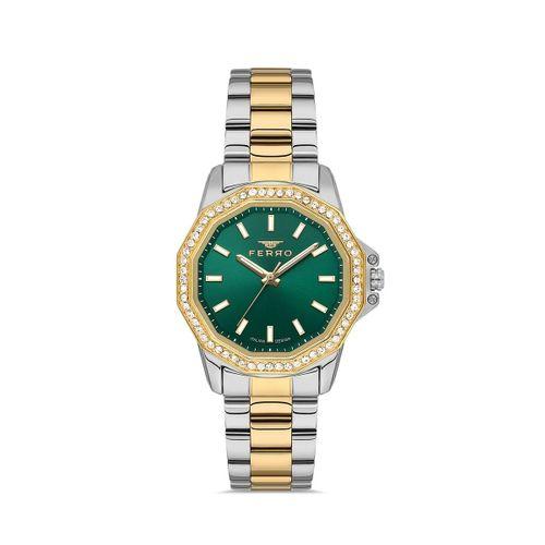 Ferro FL21540AWT-D6 Quartz Çelik Altın/Gri Yeşil Kadran 32 mm Kadın Kol Saati