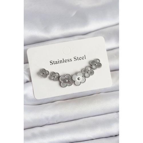 316L Çelik Gümüş Renk Yonca Küpe Seti