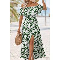 Kadın Madonna Yaka Göğüs Lastikli Yırtmaçlı Uzun Desenli Süprem Elbise