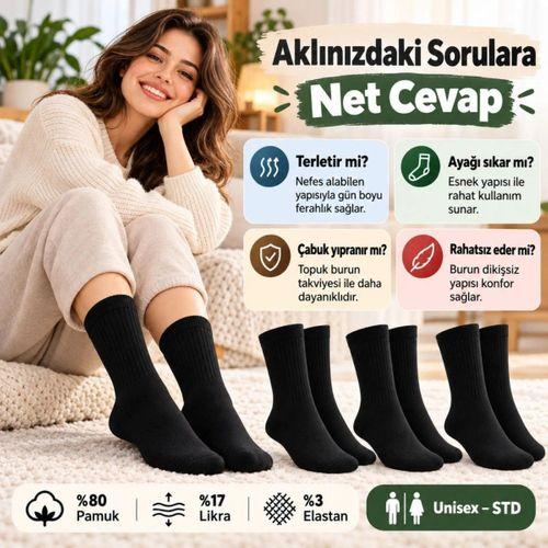 Unisex Siyah Soket Çorap 12'li Set Düz Basic Ribanalı Günlük Spor Esnek Rahat Uzun Çorap Konforlu Set