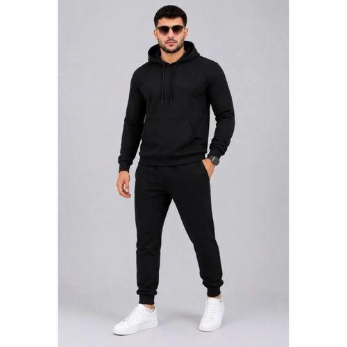 Erkek İki İplik Kapüşonlu Kanguru Cepli Sweatshirt Jogger Pantolon Alt Üst Eşofman Takımı -Siyah